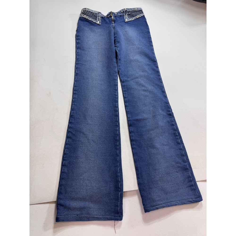 VTG Y2K Jeans Womens 40 Blue Wide Leg Mid Rise Stretch Rhinestone studded